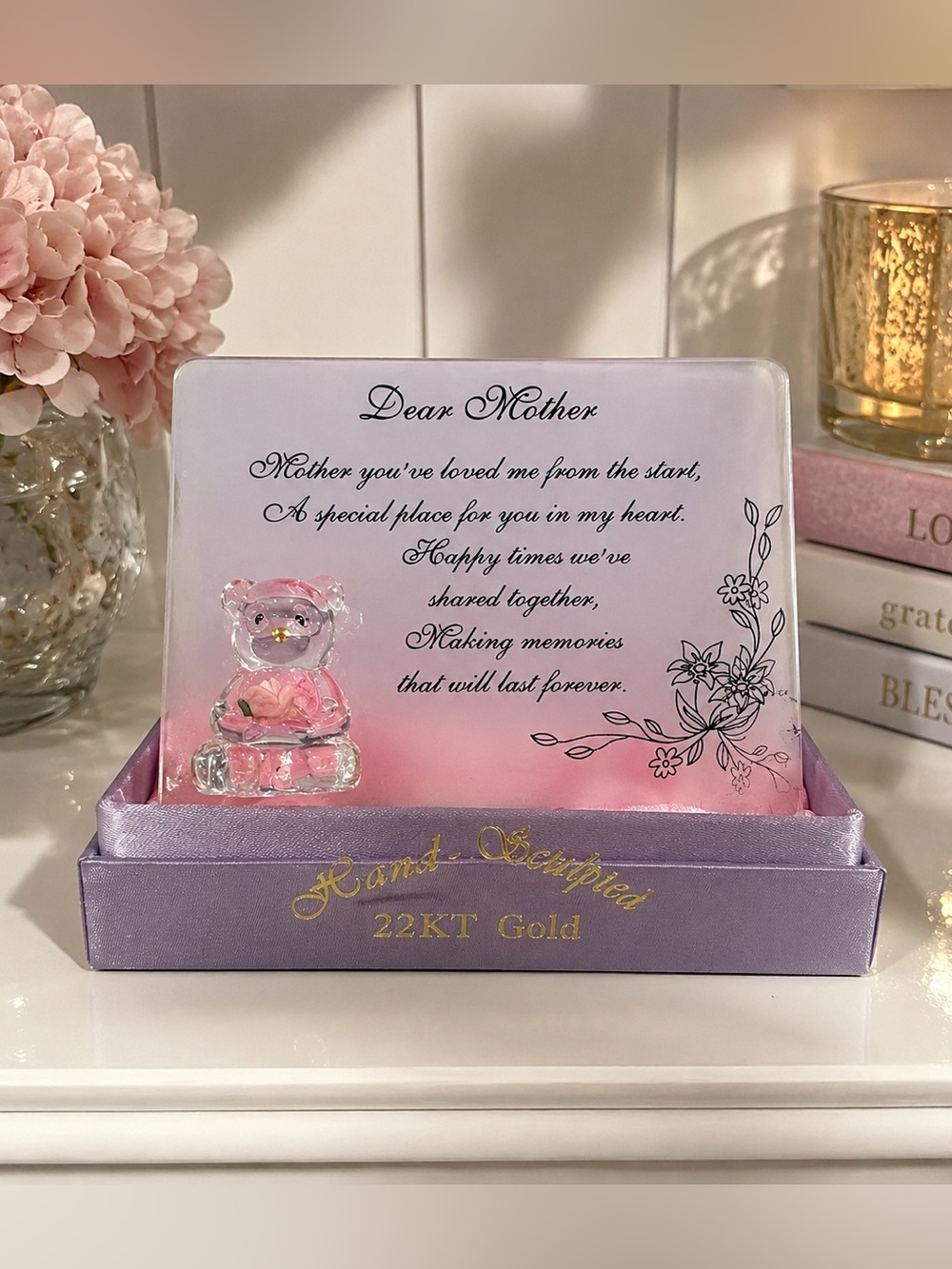 Dear Mother Glass Keepsake Gift with Teddy Bear | New in Clear Gift Box